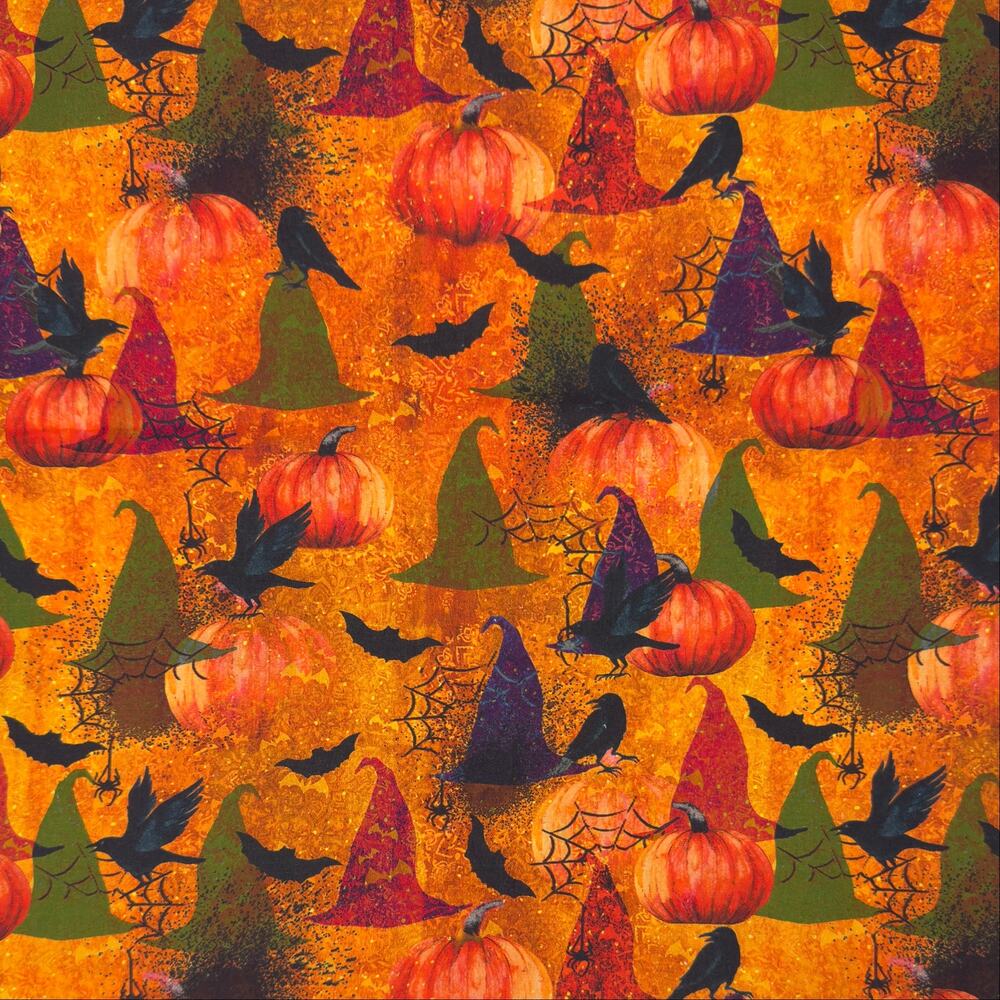 ODD CUT - Halloween Witch Hats & Pumpkin Cotton Fabric - 1 Yard - Spider, Crows